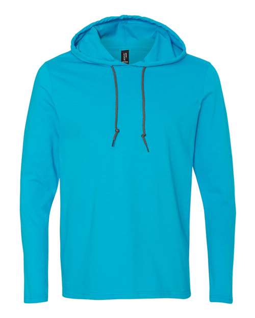 Gildan 987 Unisex Softstyle Lightweight Hooded Long Sleeve T-Shirt in Caribbean Blue/ Dark Grey