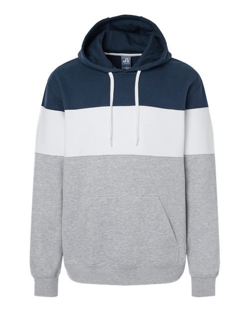 J. America 8644 Men's Varsity Fleece Colorblocked Hooded Sweatshirt in Navy/ Oxford
