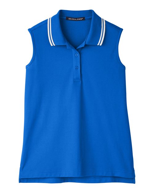 Devon & Jones DG20SW Women's CrownLux Performance Plaited Tipped Sleeveless Polo in French Blue/ White