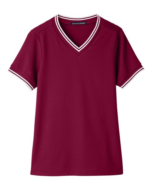 Devon & Jones DG20CW Women's CrownLux Performance Plaited Tipped V-Neck Shirt in Burgundy/ White