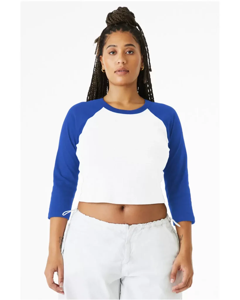 BELLA + CANVAS 1200 Women's Micro Rib Three-Quarter Raglan Sleeve Baby Tee in White/ True Royal