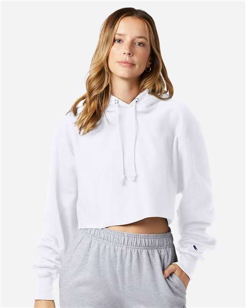 Champion RW01W Women's Reverse Weave Hooded Cropped Sweatshirt in White