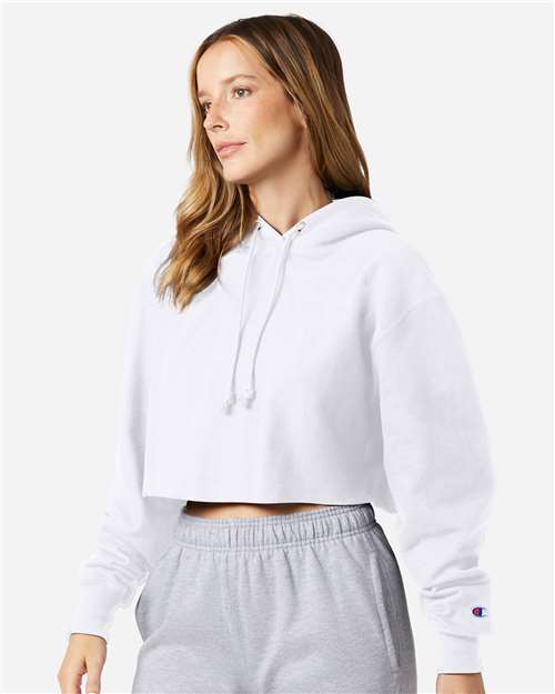 Champion RW01W Women's Reverse Weave Hooded Cropped Sweatshirt in White