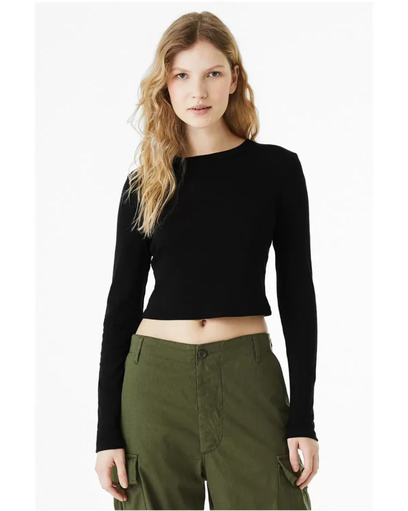 BELLA + CANVAS 1501 Women's Micro Rib Long Sleeve Baby Tee in Solid Black Blend