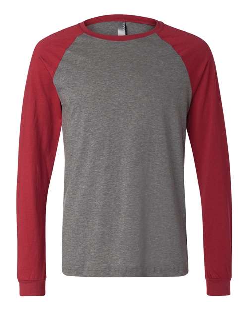 BELLA + CANVAS 3000 Men's Long Sleeve Jersey Baseball Tee in Deep Heather/ Cardinal