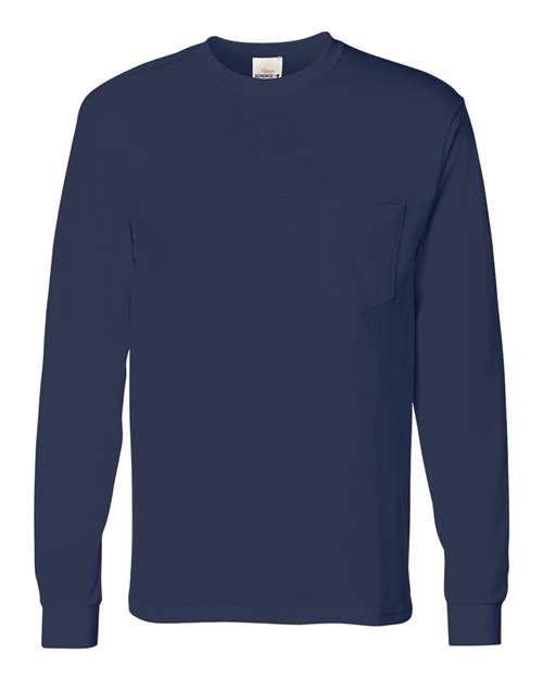 Hanes 5596 Unisex Authentic Long Sleeve Pocket T-Shirt in Navy