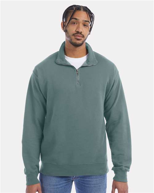 ComfortWash by Hanes GDH425 Unisex Garment-Dyed Quarter-Zip Sweatshirt in Cypress Green