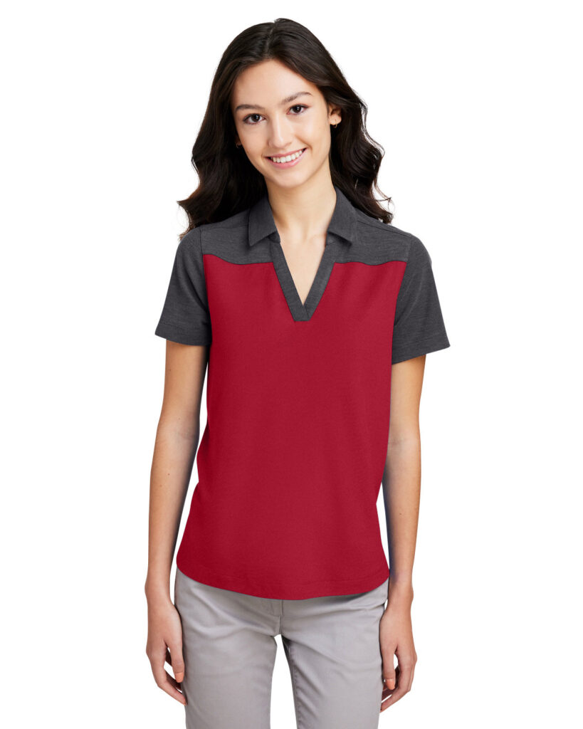 CORE365 CE112CW Women's Fusion ChromaSoft Colorblock Polo in Classic Red/ Carbon Heather