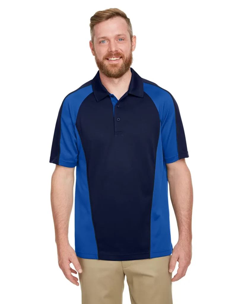 Harriton M385 Men's Advantage Snag Protection Plus IL Colorblock Polo in Dark Navy/ True Royal/ Dark Charcoal