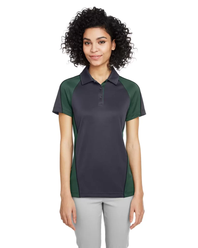 Harriton M385W Women's Advantage Snag Protection Plus IL Colorblock Polo in Dark Charcoal/ Dark Green/ Black