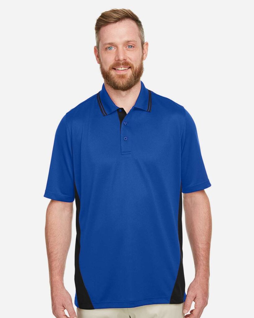 Harriton M386 Men's Flash Snag Protection Plus IL Colorblock Polo in True Royal/ Black