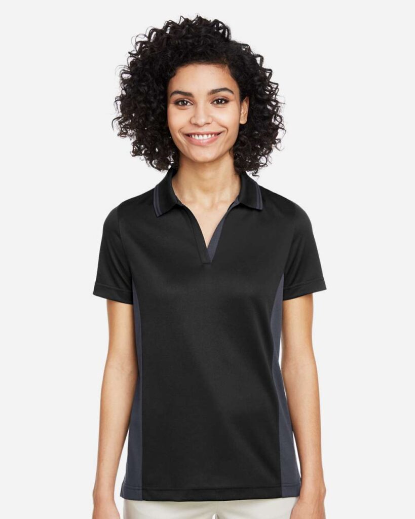 Harriton M386W Women's Flash Snag Protection Plus IL Colorblock Polo in Black/ Dark Charcoal