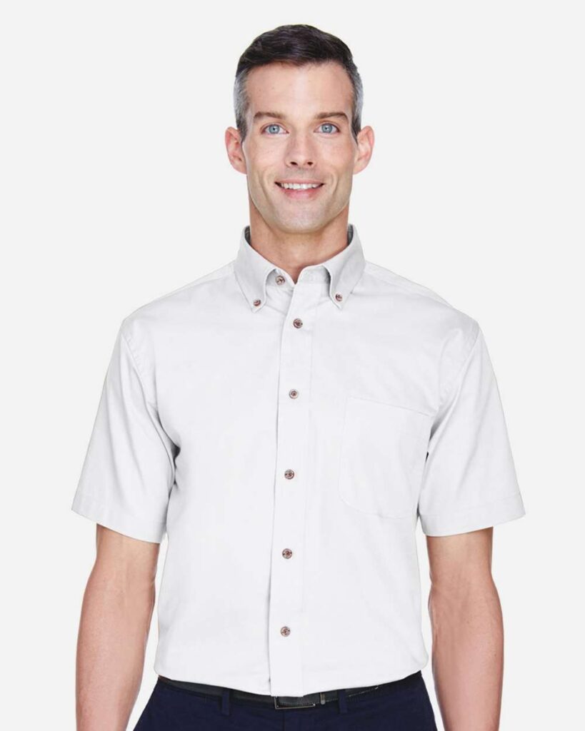 Harriton M500S Men's Easy Blend Twill Dress Shirt with Stain-Release in White