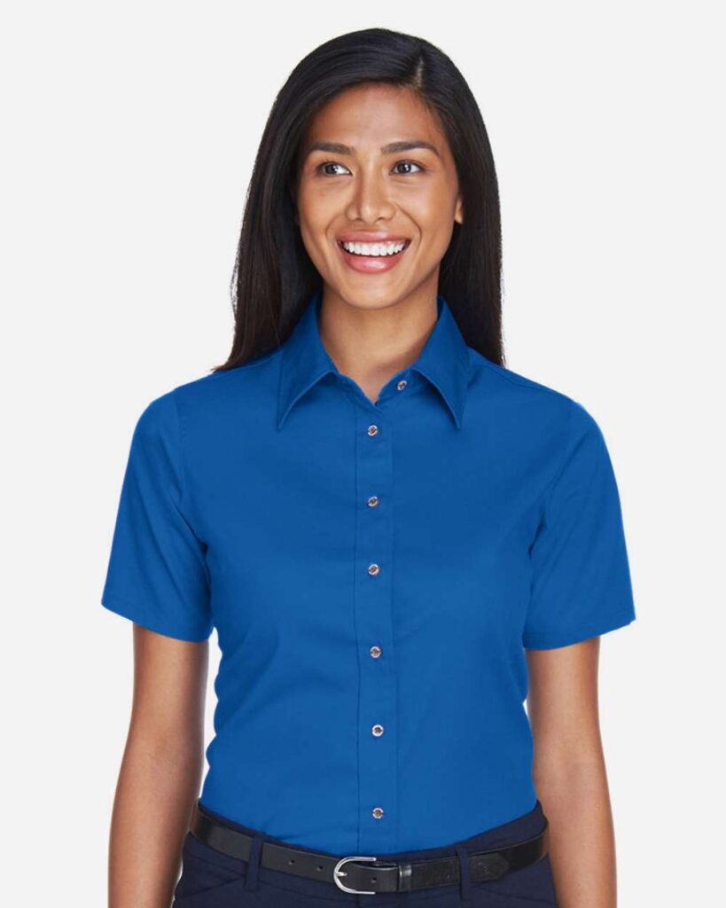 Harriton M500SW Women's Easy Blend Short Sleeve Twill Dress Shirt with Stain-Release in French Blue