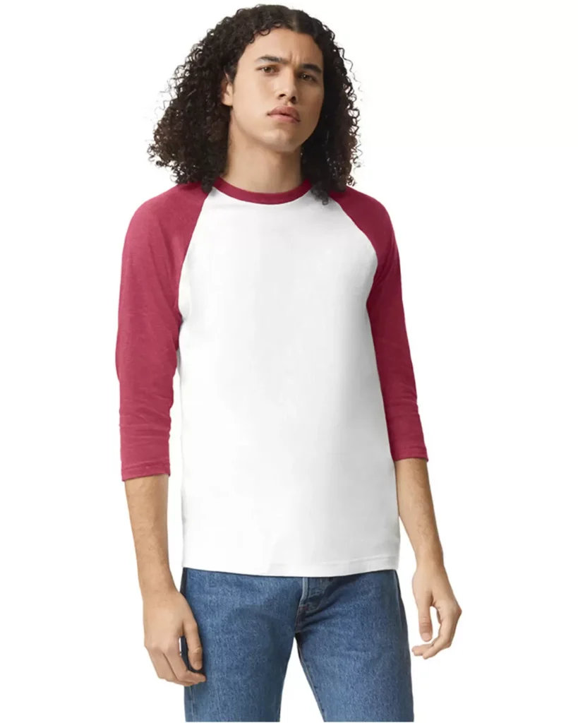 American Apparel 2003CVC Unisex CVC Raglan Tee in White/ Heather Cardinal