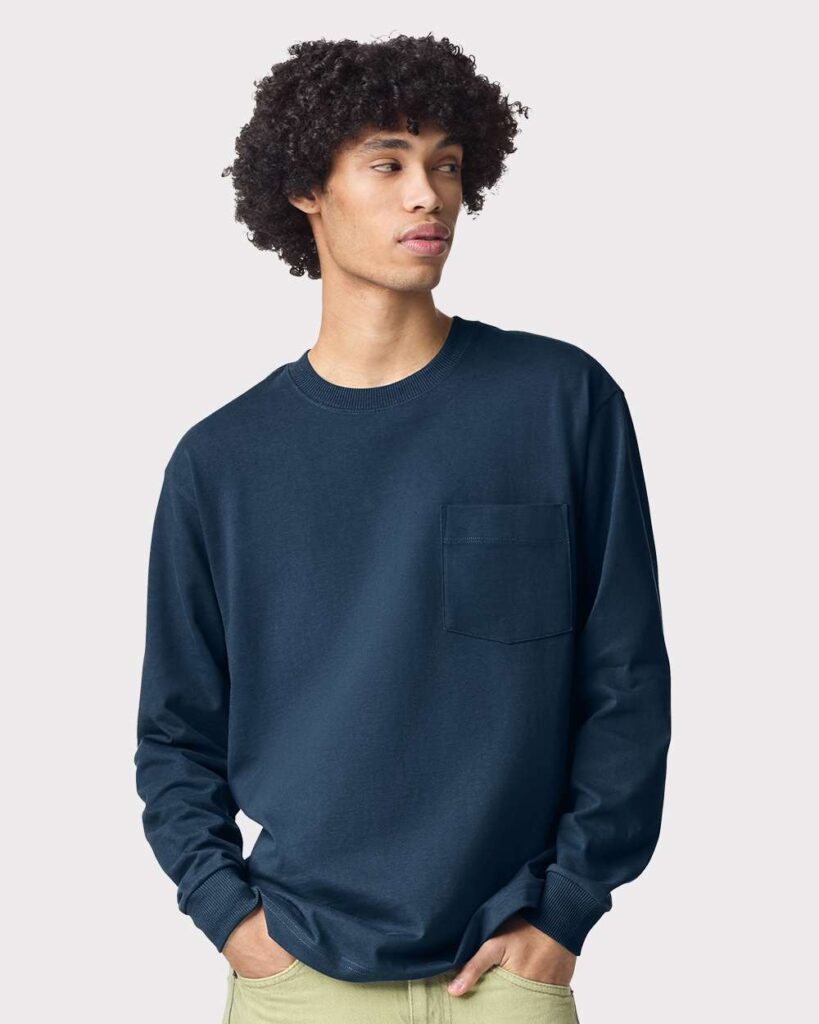 American Apparel 9410 Unisex Super Heavyweight Long Sleeve Pocket Tee in Sea Blue
