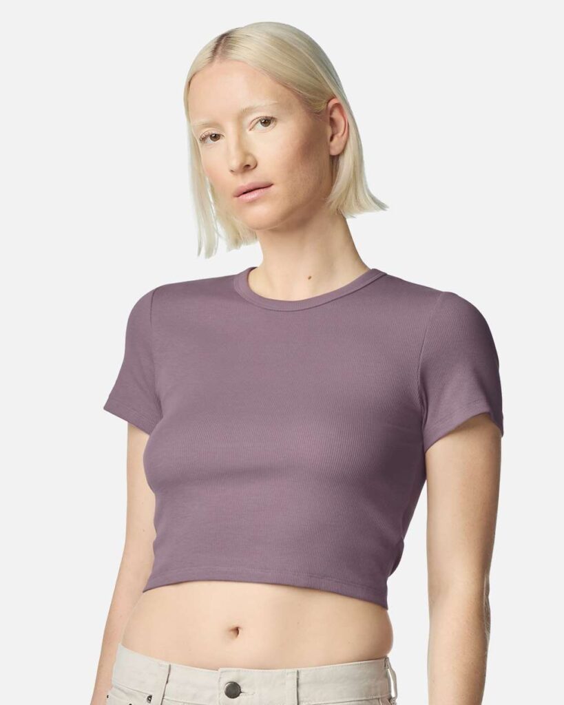 American Apparel BR210 Women's Baby Rib Fitted Cropped Tee in Smokey Violet