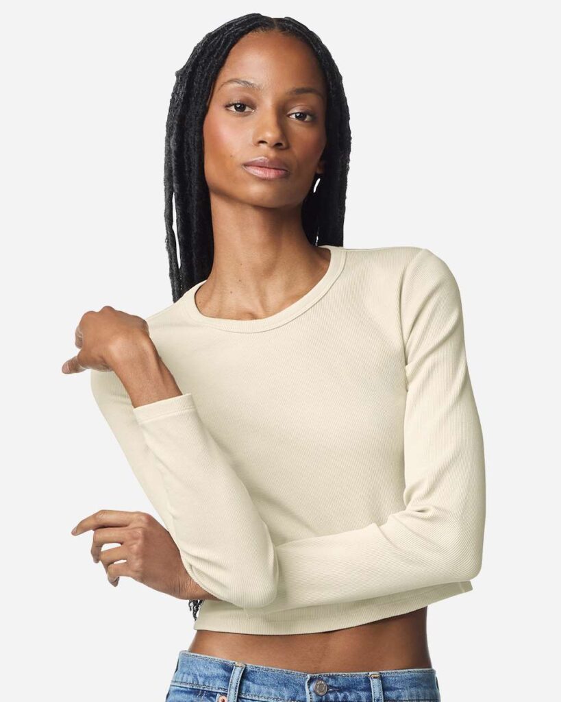 American Apparel BR2107 Women's Baby Rib Long Sleeve Fitted Tee in Bone