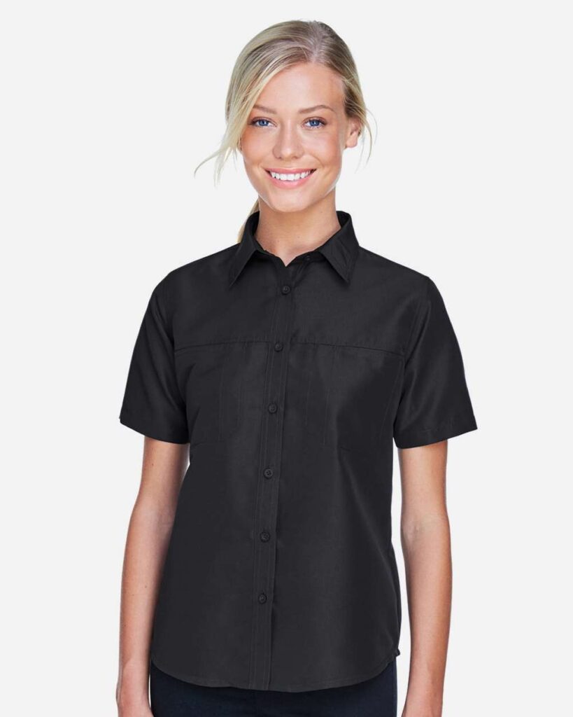 Harriton M580W Women's Key West Short Sleeve Performance Staff Shirt in Black