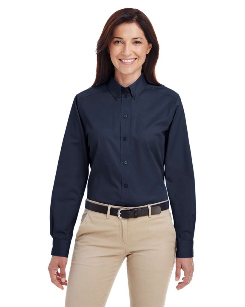 Harriton M581W Women's Foundation Cotton Twill Shirt with Teflon in Dark Navy
