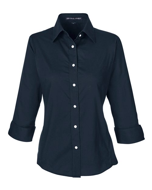 Devon & Jones DP625W Women's Perfect Fit Three-Quarter Sleeve Stretch Poplin Dress Shirt in Navy