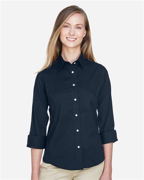 Devon & Jones DP625W Women's Perfect Fit Three-Quarter Sleeve Stretch Poplin Dress Shirt in Navy