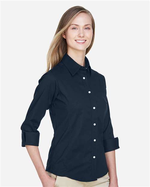 Devon & Jones DP625W Women's Perfect Fit Three-Quarter Sleeve Stretch Poplin Dress Shirt in Navy