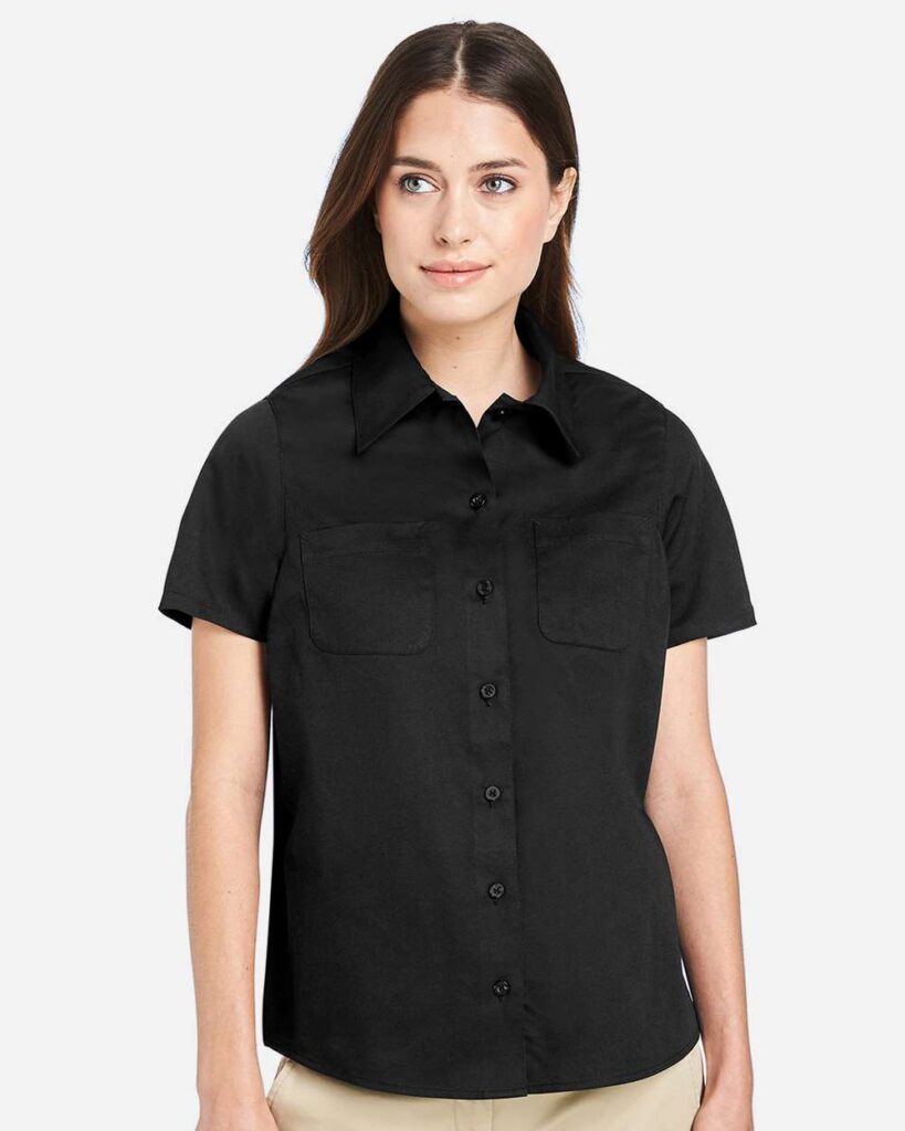 Harriton M585W Women's Advantage IL Short Sleeve Dress Shirt in Black