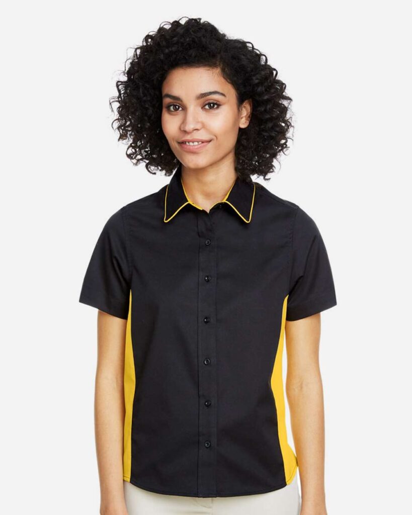 Harriton M586W Women's Flash IL Colorblock Shirt in Black/ Sunray Yellow