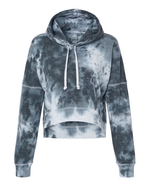 J. America 8853 Women's Crop Hooded Sweatshirt in Black Tie Dye