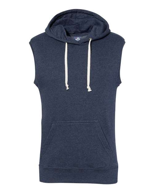 J. America 8877 Men's Triblend Sleeveless Hooded Sweatshirt in True Navy Triblend