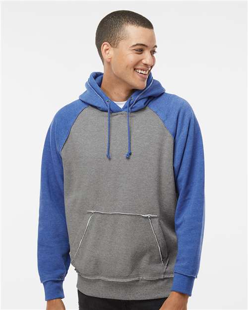 J. America 8885 Men's Vintage Heather Hooded Sweatshirt in Smoke Heather/ Vintage Royal Heather