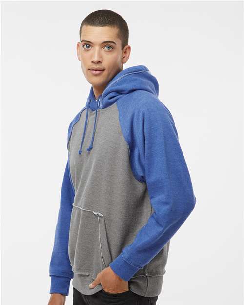 J. America 8885 Men's Vintage Heather Hooded Sweatshirt in Smoke Heather/ Vintage Royal Heather