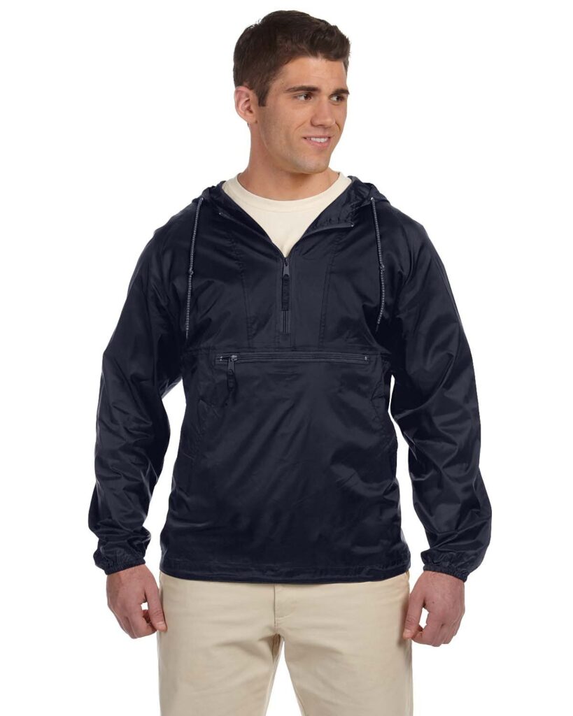 Harriton M750 Men's Packable Hooded Nylon Jacket in Navy