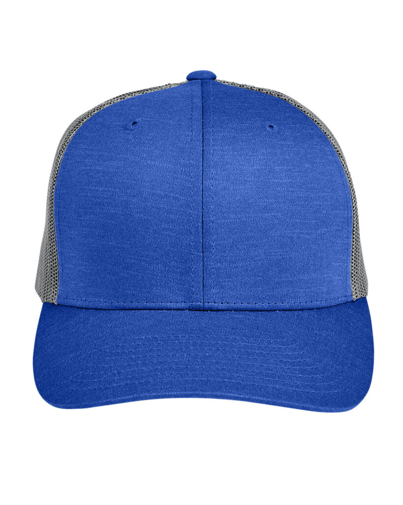 Team 365 TT802 Zone Performance Trucker Cap by Yupoong in Sport Royal Heather/ Sport Graphite