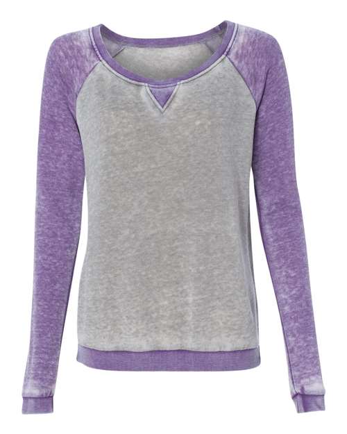 J. America 8927 Women's Zen Fleece Raglan Sweatshirt in Cement/ Very Berry