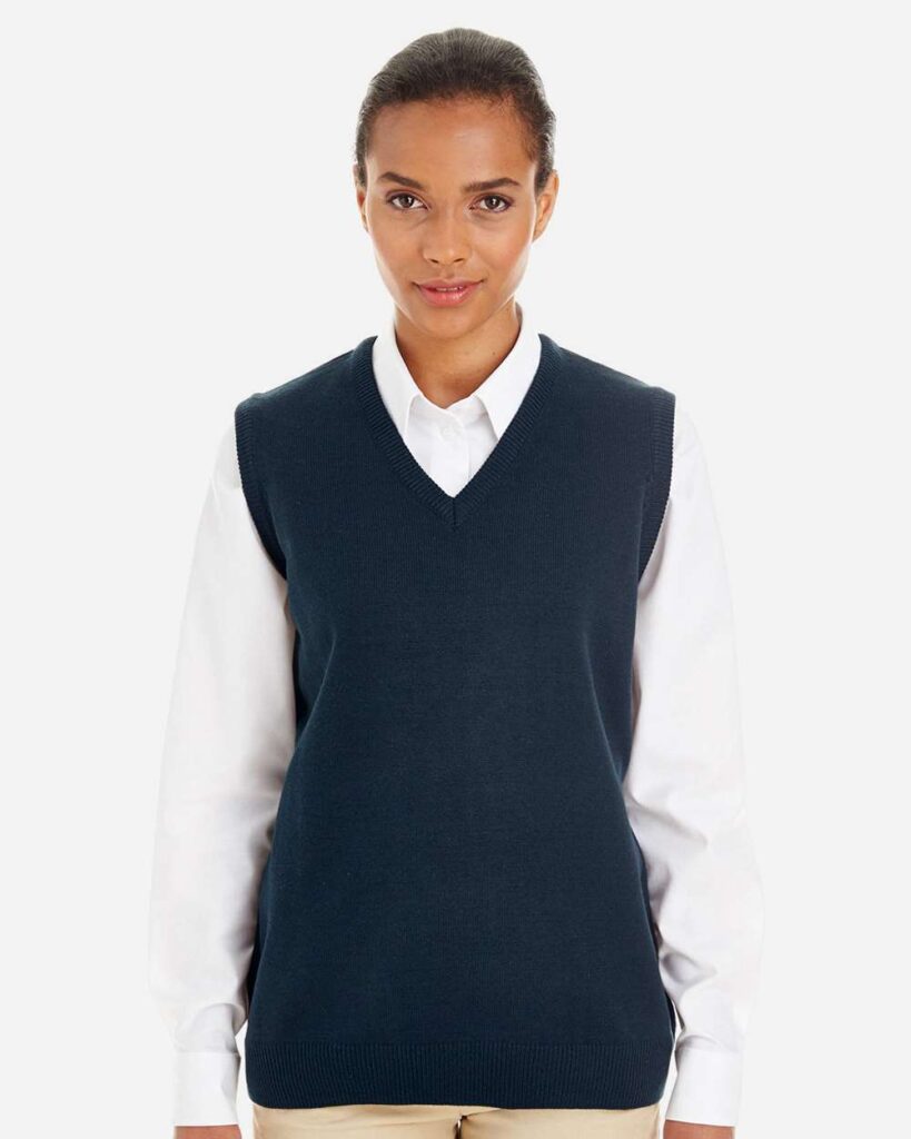 Harriton M415W Women's Pilbloc V-Neck Sweater Vest in Dark Navy
