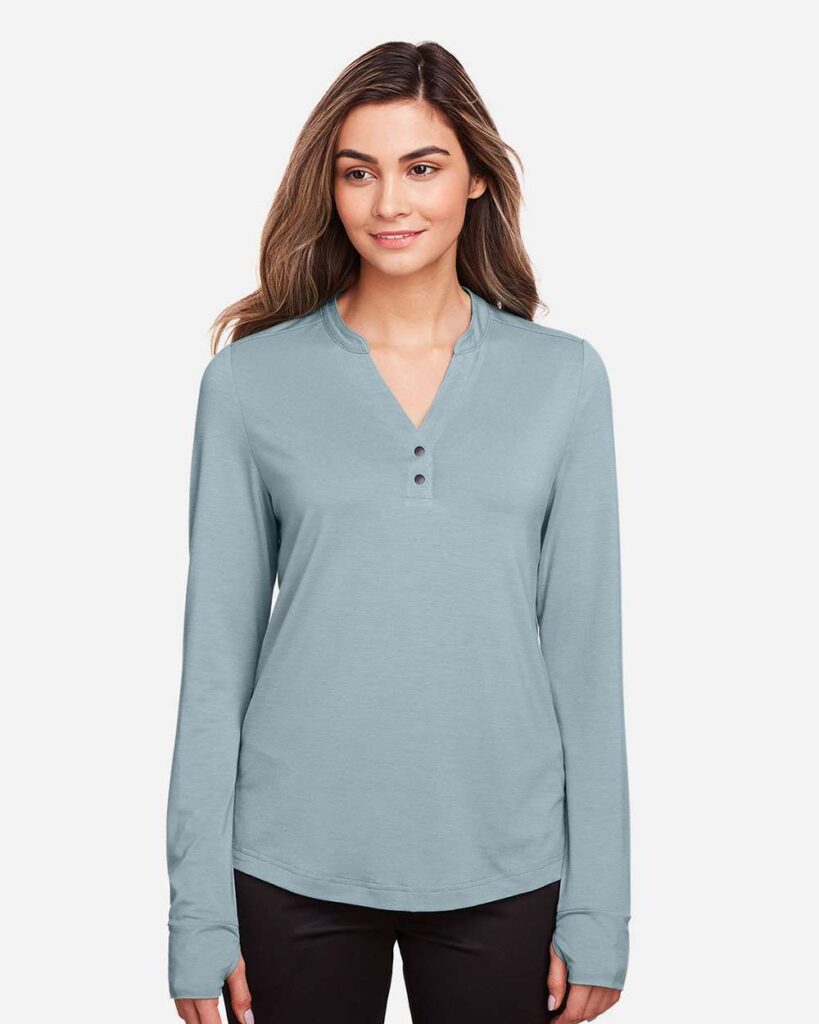 North End NE400W Women's JAQ Stretch Performance V-Neck Snap Pullover in Opal Blue