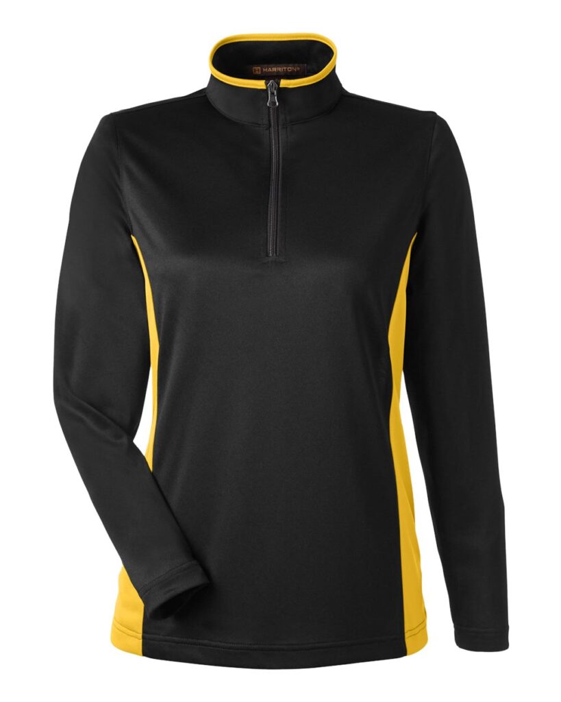 Harriton M786W Women's Flash Snag Protection Plus IL Colorblock Quarter-Zip Pullover in Black/ Sunray Yellow