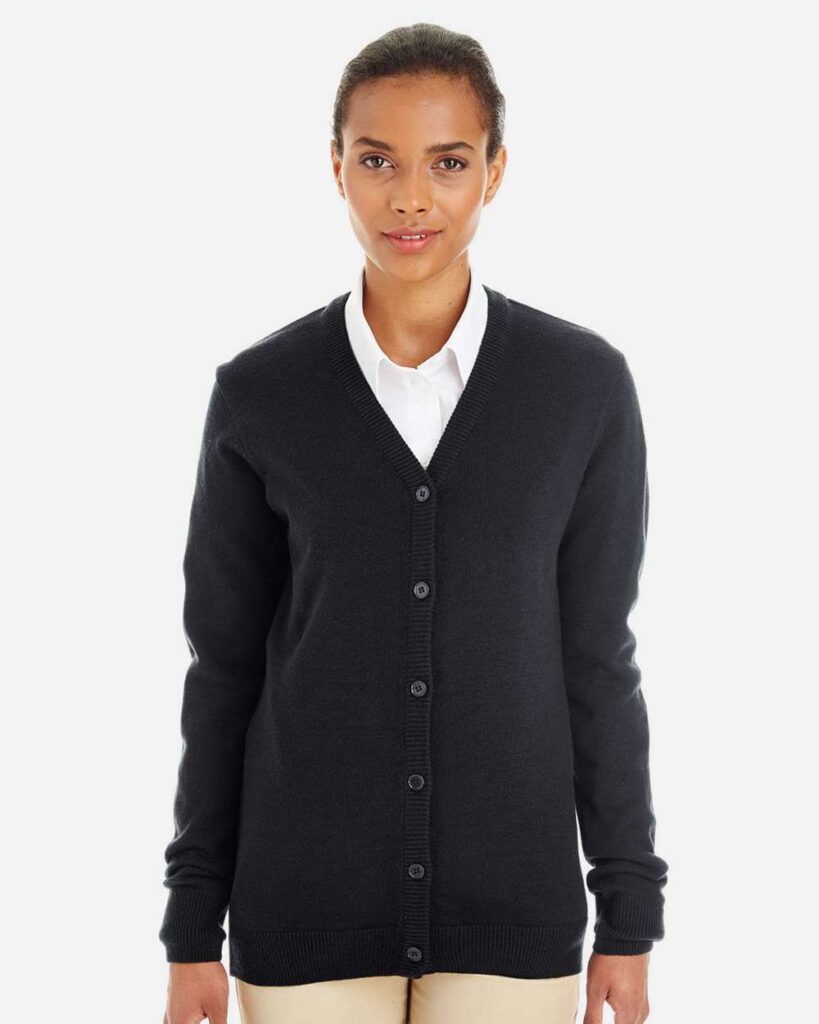 Harriton M425W Women's Pilbloc V-Neck Button Cardigan Sweater in Black
