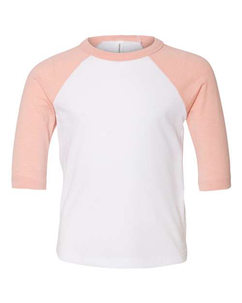 BELLA + CANVAS 3200T Toddler Three-Quarter Sleeve Baseball Tee in White/ Heather Peach