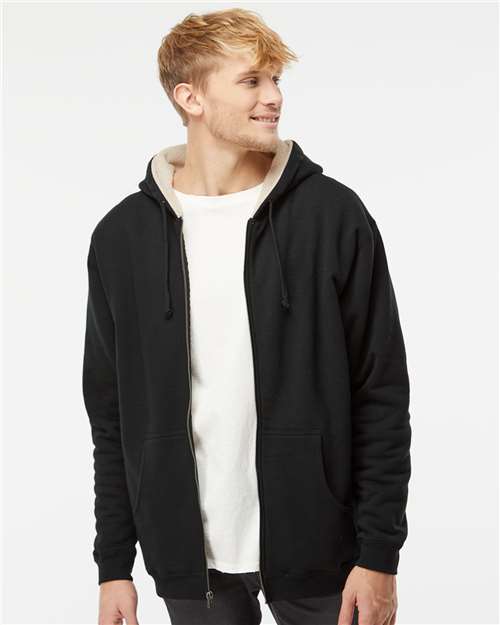 Independent Trading Co. EXP40SHZ Men's Sherpa-Lined Full-Zip Hooded Sweatshirt in Black/ Natural