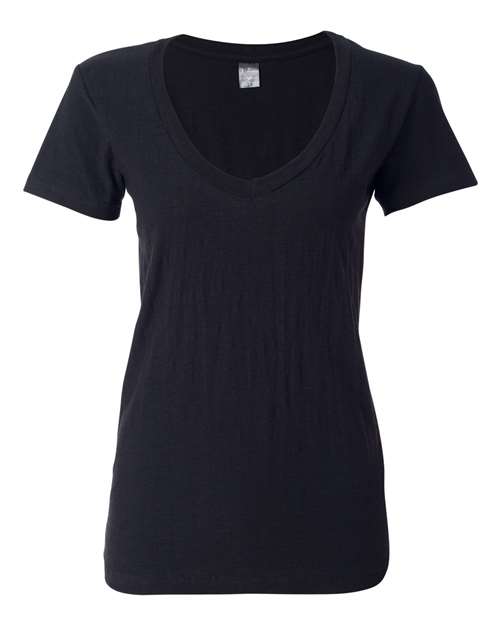 J. America 8169 Women's V-Neck Slub T-Shirt in Black