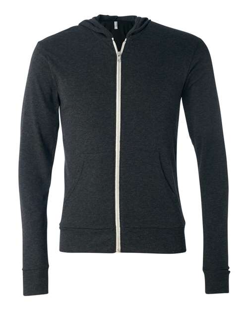 BELLA + CANVAS 3939 Unisex Triblend Lightweight Full-Zip Hooded Long Sleeve Tee in Charcoal Black Triblend