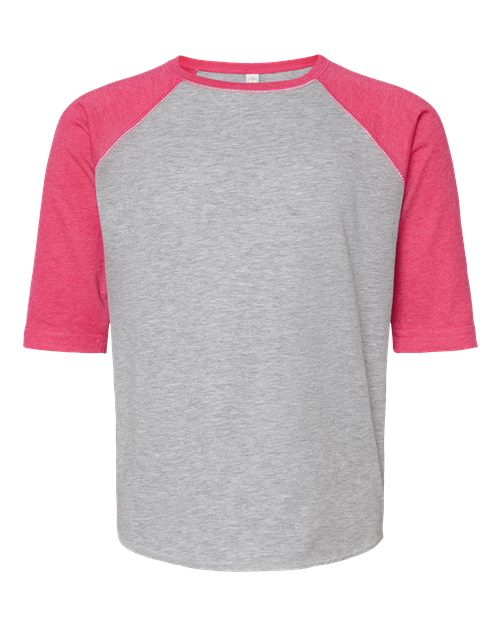 LAT 6130 Youth Baseball Fine Jersey Three-Quarter Sleeve Tee in Vintage Heather/ Vintage Hot Pink