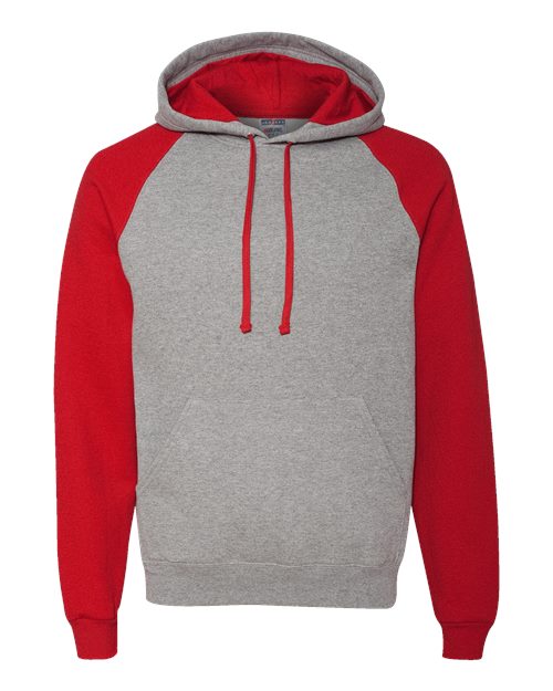 JERZEES 96CR Unisex Nublend Colorblocked Raglan Hooded Sweatshirt in Oxford/ True Red