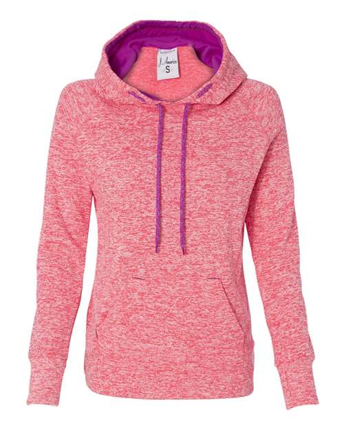 J. America 8616 Women's Cosmic Fleece Hooded Sweatshirt in Fire Coral/ Magenta