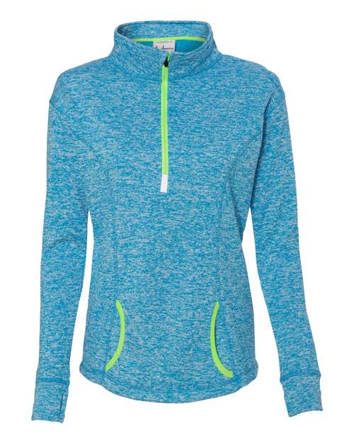J. America 8617 Women's Cosmic Fleece Quarter-Zip Pullover in Electric Blue/ Neon Green