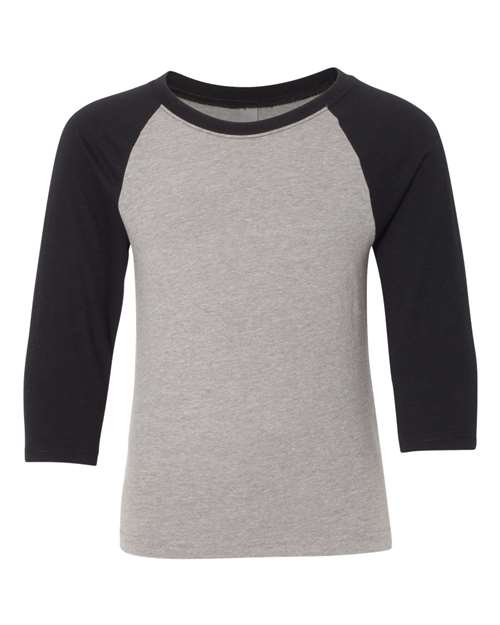 Next Level 3352 Youth CVC Three-Quarter Sleeve Raglan Tee in Black Sleeves/ Dark Heather Grey Body