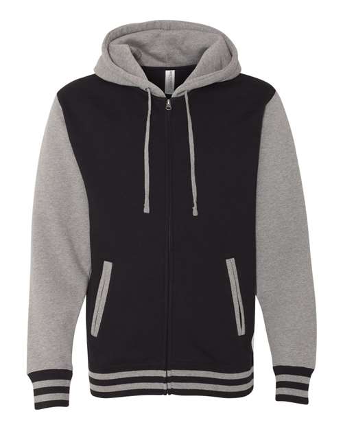 Independent Trading Co. IND45UVZ Unisex Heavyweight Varsity Full-Zip Hooded Sweatshirt in Black/ Gunmetal Heather
